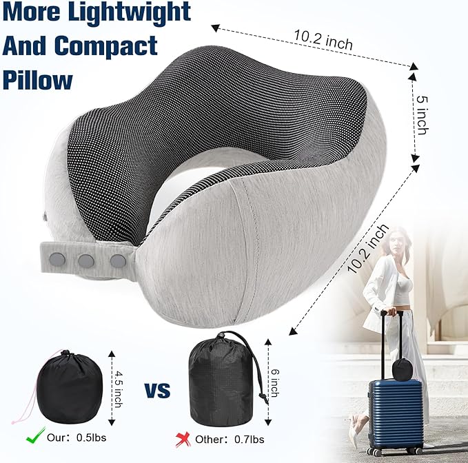 Cirorld Neck Pillow for Traveling, Travel Pillows for Airplanes,100% Pure Memory Foam Travel Neck Pillow, Adjustable Flight Pillow, Portable Plane Accessories with Eye Mask, Earplugs, Carry Bag