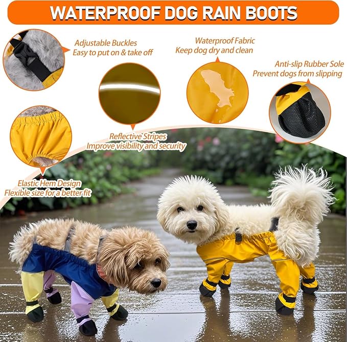 Waterproof Dog Boots Rain Boots with Suspender, Dogs Shoes Paw Protector for Small Medium Puppy, Anti-Slip Doggy Boot Belly Protector, Rain Booties Snow Booties (X-Large, Yellowe)