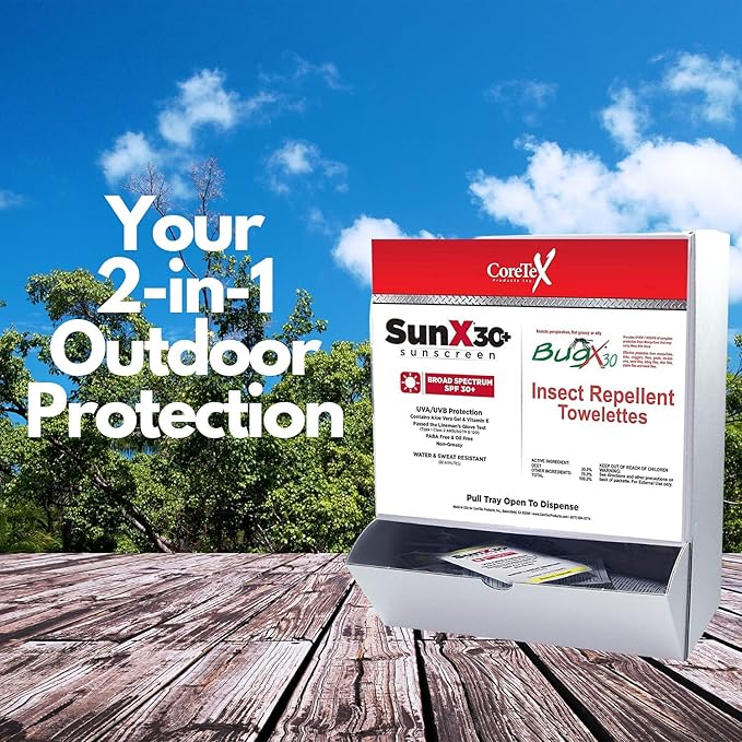 CoreTex Sun X 30+ & Bug X 30 Combo Pack - Includes 50 Total Packets in Wallmount Box - 25 Lotion Pouches & 25 Insect Repellent Towelettes