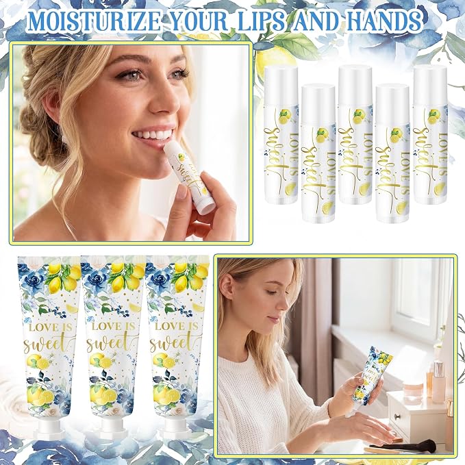 24 Sets Blue Floral Lemon Hand Cream and Lip Balm Gift, Love Is Sweet Bridal Shower Favors for Guest Travel Size Hand Lotion and Lip Balm Bulk Lemon Bridal Shower Birthday Party Supplies