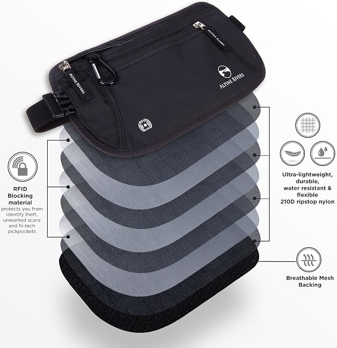 Alpine Rivers RFID Money Belt for Travel - Hidden Waist Pouch Passport Holder with RFID Card Sleeves, Slim and Adjustable Fit for Men and Women