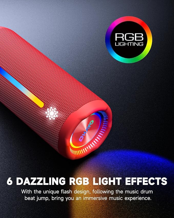 OHAYO Bluetooth Speaker, Portable Wireless, IPX7 Waterproof, Powerful 25W Sound, 24H Playtime, Dual Pairing, Active Bass, Colorful Lights, Bluetooth 5.3, Outdoor Speakers for Home/Party/Beach, Red