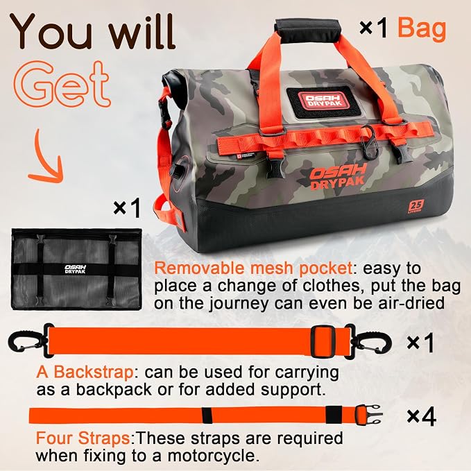 OSAH DRYPAK Waterproof Duffel Bag 25L/40L/60L – Heavy-Duty Motorcycle Tail Bag, Roll-Top Dry Bag for Travel, Camping, Boating, Kayaking, Outdoor Adventure