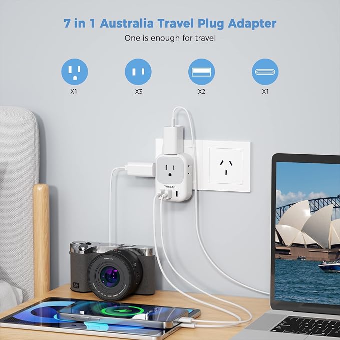 TESSAN Australia Plug Adapter, New Zealand Power Adapter with 4 Outlets 3 USB Charging Ports (1 USB C PD 20W), Type I Travel Plug for US to New Zealand China Argentina Fiji AU, 2 Pack