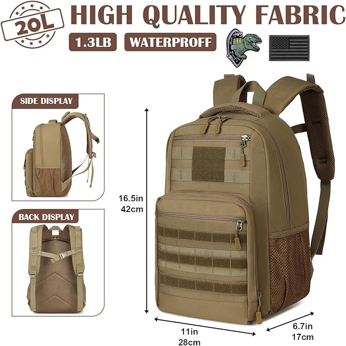 Kids Tactical Backpack Army Molle Bookbag Military Boys Backpack for School, Outdoor, Camping, Brown