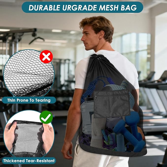 BROTOU Heavy Duty Soccer Ball Net Bag(100L Extra Large Capacity 10-12Balls), Drawstring Mesh Ball Bag with Zipper Pocket, Sports Equipment Storage Organizer Hold for Gym, Beach, Cloth, Swimming Gears
