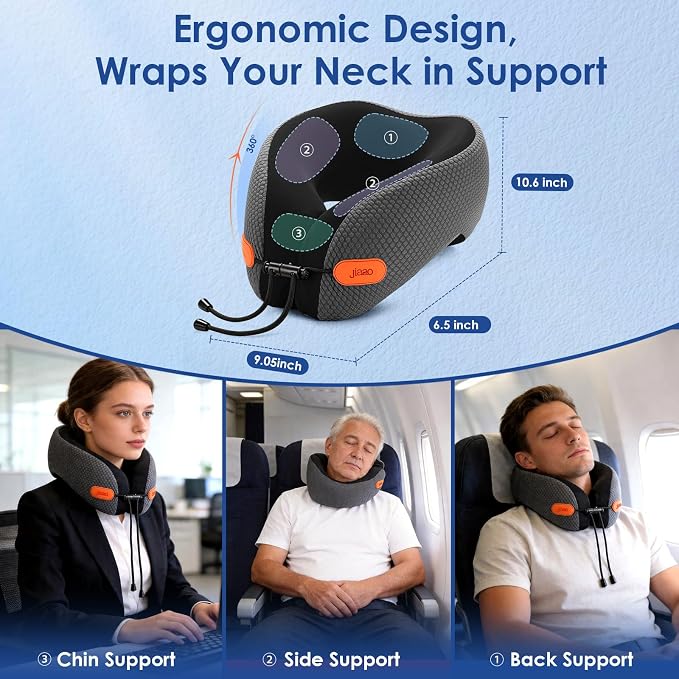 jiaao Travel Pillow Memory Foam Neck Pillow for Airplanes with Adjustable Neck Support, Includes Eye Mask, Earplugs & Storage Bag - Perfect for Flights, Road Trips, and Trains
