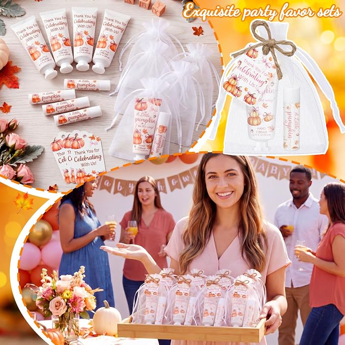 24 Sets Fall Pink Bow Pumpkin Baby Shower Hand Cream Lip Balm Gift Little Pumpkin Baby Shower Party Favors Travel Size Hand Lotion Lip Balm Bulk with Organza Bag Tags Birthday for Guest Kids