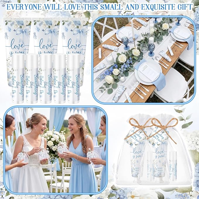 24 Sets Something Blue Before I Do Bridal Shower Hand Cream and Lip Balm Gift Floral Blue Bow Bridal Shower Favors for Guests Travel Size Love Is Sweet Hand Lotion and Lip Balm Bulk Party Supplies