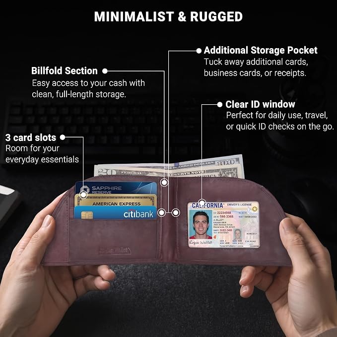 ROGUE WALLET Front Pocket Card Holder for Men - Bedford Tweed & Top Grain Leather Minimalist Billfold - Slim ID Window, Cash Section & Stash Compartment