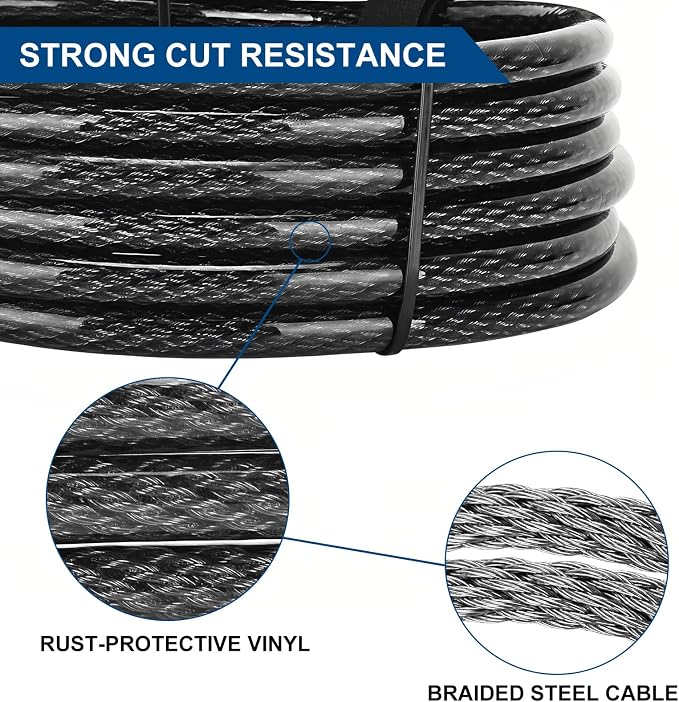 20FT Security Steel Cable with Loops, 3/8 inch (10 mm) Thick Heavy Duty Vinyl Coated Braided Lock Cable, Cut Resistant & Weatherproof Anti Theft Wire Cable for U-Locks and Padlocks(20/30/40 ft)