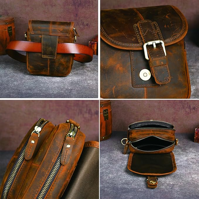 Water Resistant Canvas + Leather Hiking Riding Travel Fanny Waist Pack Small Phone Pouch For Men Women FB811-29 (100% Leather- Coffee)