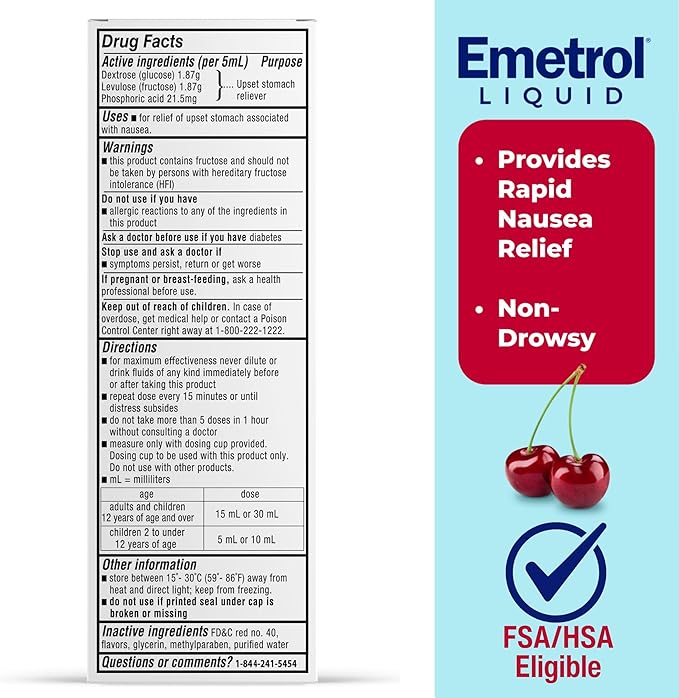 Emetrol Non-Drowsy Nausea Relief - Liquid Medicine for Upset Stomach Relief - Pharmacist Recommended Nausea Medicine - Cherry Flavor - 12 fl oz