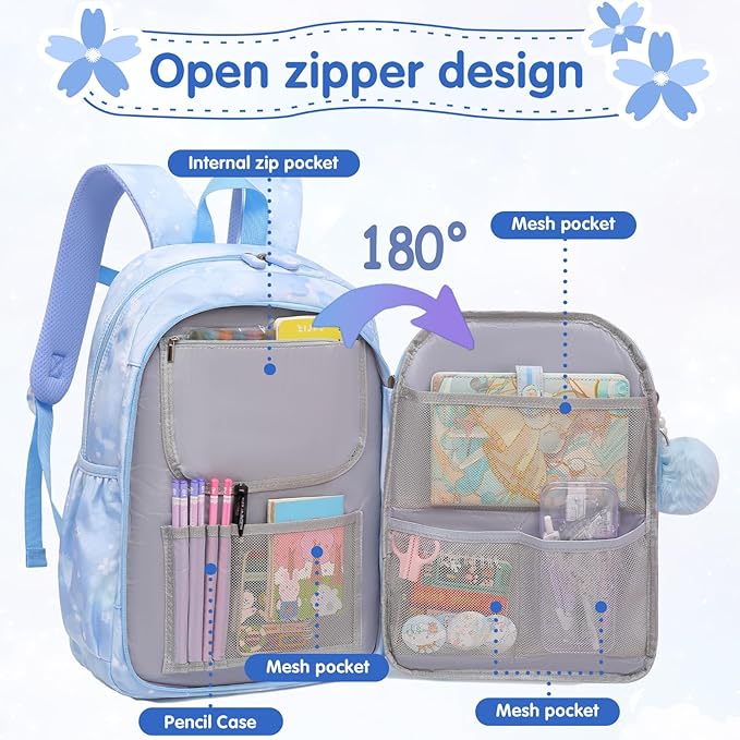 Lovely Girls Backpack School Bag for Students Kids Book Bag with Multiple Pockets Splash-proof Children's Backpack（17inch Set Blue）