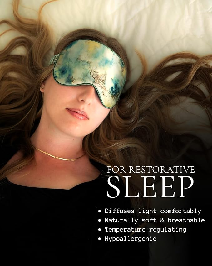 SILK & WILLOW - Botanical Print Pure Mulberry Silk Eye Mask & Scrunchie Gift Set, Luxurious Sleep Eye Mask & Hair Accessory Bundle, Durable Nature-Considerate Wellness Gifts for Women, Seascape