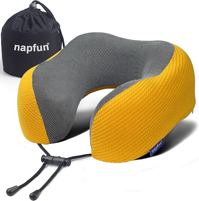napfun Neck Pillow for Traveling, Upgraded Travel Neck Pillow for Airplane 100% Pure Memory Foam Travel Pillow for Flight Headrest Sleep, Portable Plane Accessories, Yellow