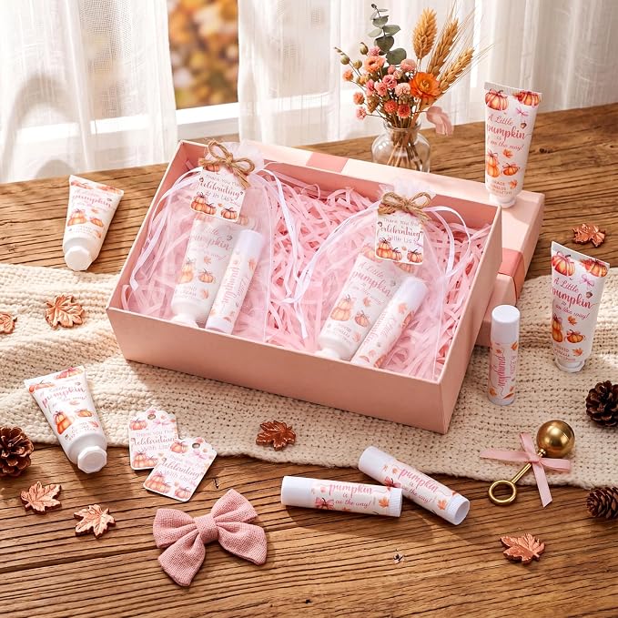 24 Sets Fall Pink Bow Pumpkin Baby Shower Hand Cream Lip Balm Gift Little Pumpkin Baby Shower Party Favors Travel Size Hand Lotion Lip Balm Bulk with Organza Bag Tags Birthday for Guest Kids