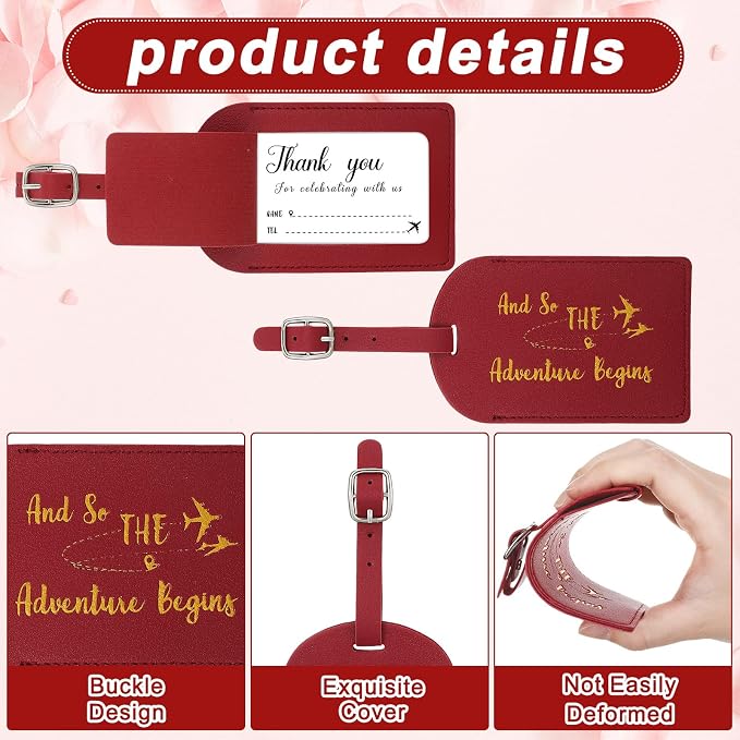 Sweetude 48 Sets Bulk Luggage Tags Wedding Favors and So The Adventure Begins Leather Luggage Tags for Suitcases with Name Card for Travel Themed Bridal Shower Graduation Party Favor(Burgundy)