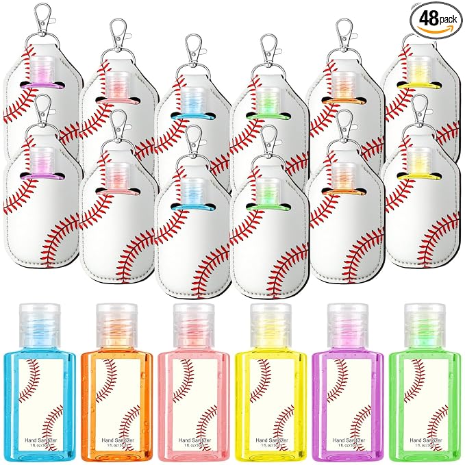 Frienda 48 Pack Baseball Party Favors Set 24 Pcs Mini Hand Sanitizers and 24 Pcs Keychain Holders Travel Size Sanitizers for Baseball Players Coaches Fans Gifts for Team Sports Party Supplies