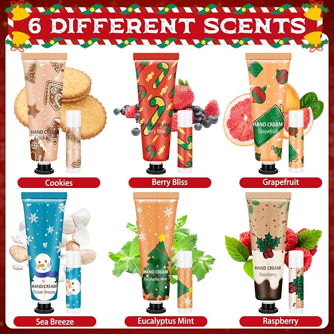 Loopeer 24 Sets/96 Pcs Christmas Hand Cream and Lip Balm Gift Set for Women Bulk Mini Hand Lotion Travel Size for Dry Skin Stocking Stuffers with Greeting Card Organza Bags for Coworker Employee