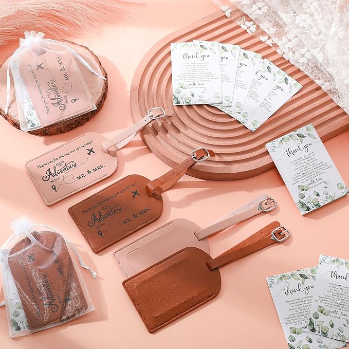 Dandat 50 Sets Luggage Tags Bulk Destination Wedding Favors for Guest Adventure Begins Favor with Thank You Cards and Organza Bags for Travel Wedding Bridal Shower Return Favors, Pink Brown
