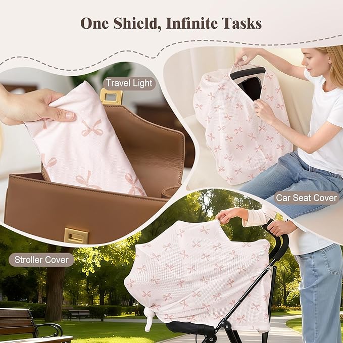 Basumee Nursing Cover for Breastfeeding Breathable Mesh 360 Full Privacy Nursing Wrap Multi-Use Breast Feeding Covers for Women Moms Feeding Essentials, Dusty Pink Bows, 1 Pack