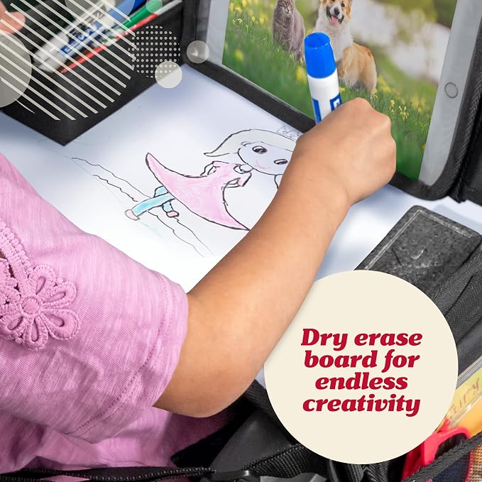 Lusso Gear Car Seat Activity Tray - Dry-Erase Top & Toddler Travel Essential - Mesh Pockets & Car Back Seat Organizer - Cup Holder & Road Trip Essentials for Kids - 600D Oxford Material
