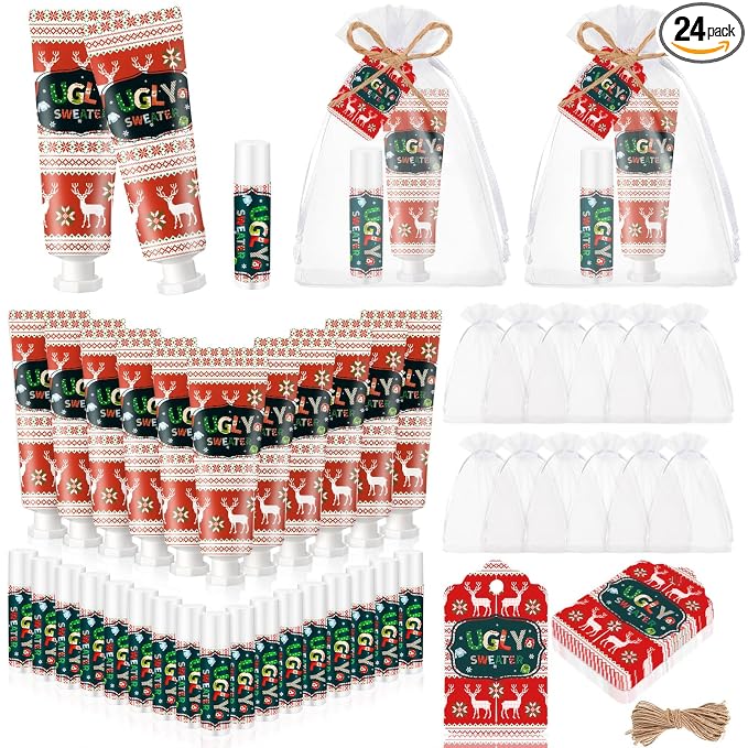 24 Sets Christmas Ugly Sweater Baby Shower Hand Cream and Lip Balm Gift Christmas Party Favors Travel Size Hand Lotion and Lip Balm Bulk Winter Wedding Bridal Shower Party Supplies for Guest