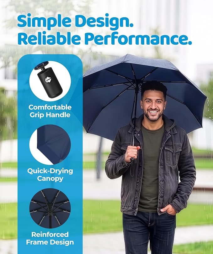 Rain-Mate Windproof Compact Umbrellas for Rain - Strong Reinforced Fiberglass Rib Design & Auto Open & Close - Portable Folding Travel Umbrella - Lightweight & Packable for Women & Men, Easy Collapse