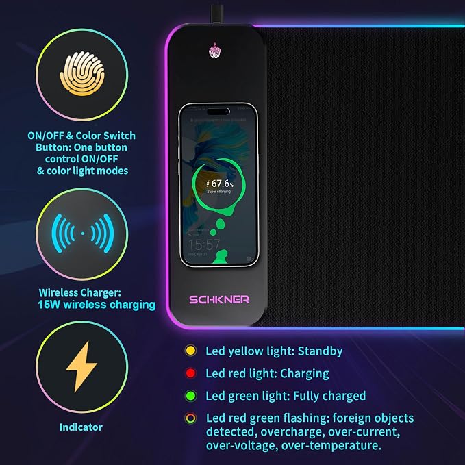Schkner RGB Gaming Mouse Pad with Wireless Charging 15W, Large Desk Mat 800x300x4mm, 10 Light Modes Keyboard Pad with Non-Slip Rubber Base, Waterproof Mousepad for Gaming PC MacBook Laptop