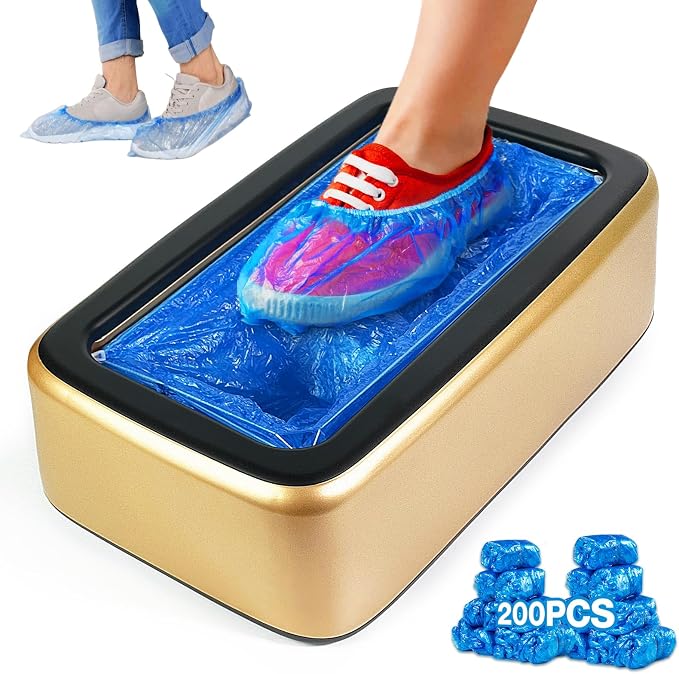 Shoe Cover Dispenser Containing 200pcs Shoe Covers Disposable Non Slip High Quality Automatic Shoe Cover Machine with Disposable Shoe Covers for Indoors for Most Occasion Shoes Size(Gold-black, L)