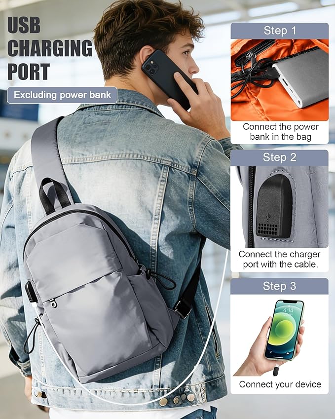 SEAFEW Small Sling Crossbody Backpack for Men Women, Lightweight Shoulder Chest Bag One Strap Back Pack for Hiking Walking Biking Travel Cycling USB Charger Port-Nylon, Grey