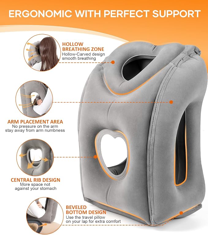 Sunany Travel Pillow, Upgraded Plane Pillow for Long Flights, Inflatable Neck Pillow Used for Airplanes,Cars,Buses,Trains,Office Napping with Eye Mask,Earplugs (Gray)