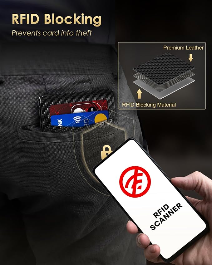 2026 Upgraded Minimalist Wallet for Men - RFID Blocking Credit Card Holder Case Leather Pop Up Aluminum Wallet with Cash Slot, Front Pocket ID Window Gift Boxed (Carbon Fiber - with Airtag Holder)