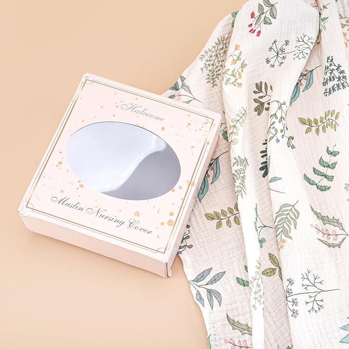 Haleeone Muslin Nursing Cover for Breastfeeding, Privacy Breathable Breastfeeding Cover with Arch Neckline for Mom, 100% Cotton Nursing Apron, Floral and Green