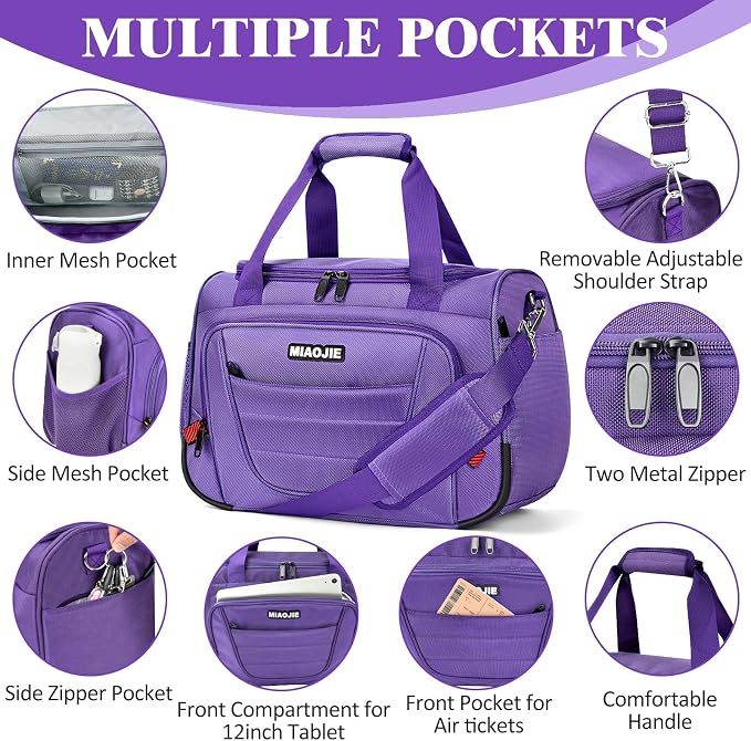 Underseat Carry On luggage Bag Airplanes Personal Item Bags, Gym Bag for Men Weekender Overnight Travel Tote Bag Shoulder Small Softside Carry on Luggage Travel Duffel Bags For Men Women -16 IN Purple