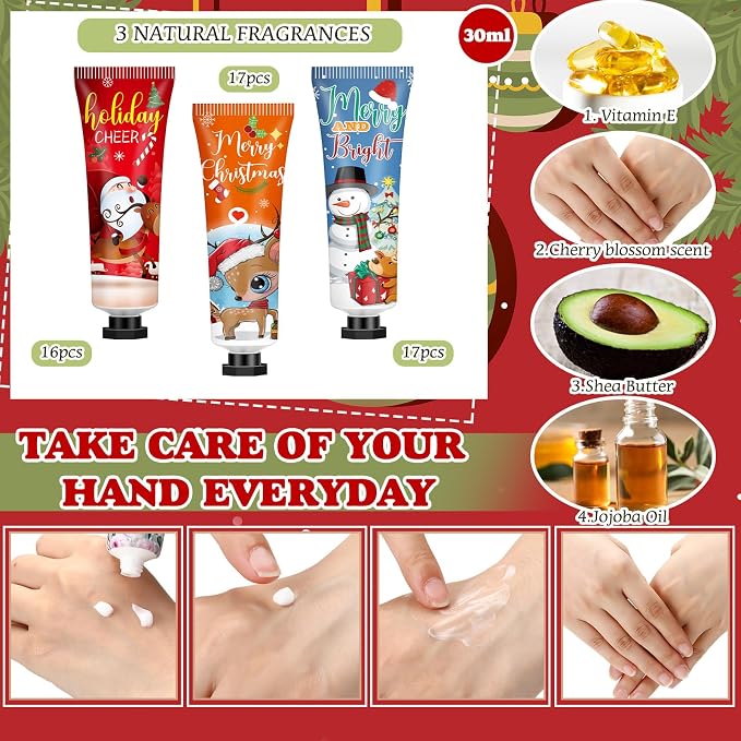 50 Sets Christmas Hand Cream and Lip Balm Gift Set Bulk Christmas Stocking Stuffers Holiday Gifts Xmas Party Favors for Women Coworkers Winter Lip Care with Organza Bags Tags (Classic Style)