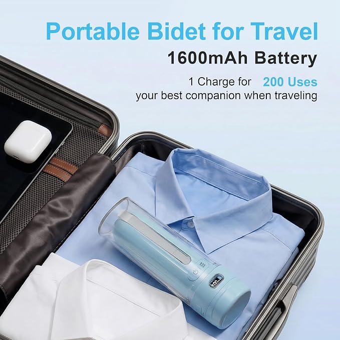 Electric Portable Bidet for Travel & Outdoor, Whisper-Quiet Handheld Sprayer with 3 Pressure Modes, 1600mAh USB-C Rechargeable, IPX7 Waterproof (Sky Blue)