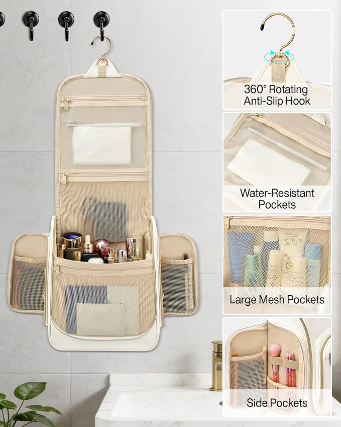 Hanke Hanging Travel Toiletry Bag for Men and Women, Water-Resistant Toiletries Bag Makeup Organizer with Hook, Cosmetic Bag for Bathroom & Travel Essentials Accessories, Off White