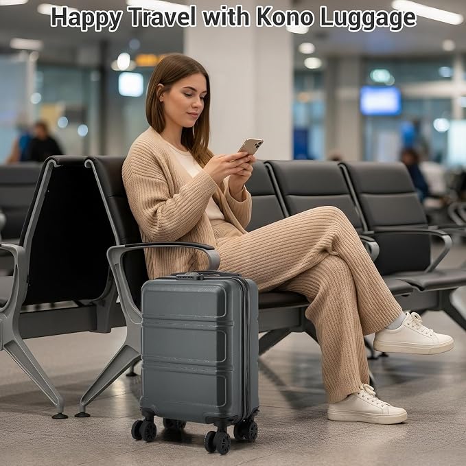 Kono 15'' Underseat Carry On Luggage Airline Approved, Anti-Scratch PC+ABS Hardshell Carry on Suitcase with Smooth Spinner Wheel, Lightweight Overnight Carry on for Short Travel, Grey