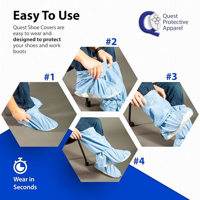 Quest Traction Disposable Boot & Shoe Covers 18" Tall – Non-Slip, Water-Resistant Protective Overshoes, Blue, X-Large, 50 Pairs for Cleanroom, Medical & Industrial Use