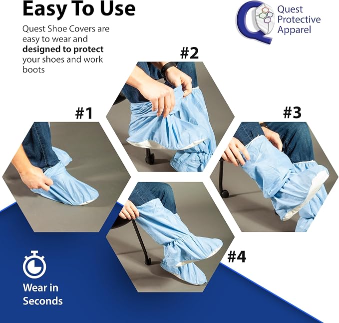 Quest Traction Disposable Boot & Shoe Covers 18" Tall – Non-Slip, Water-Resistant Protective Overshoes, Blue, Medium, 50 Pairs for Cleanroom, Medical & Industrial Use