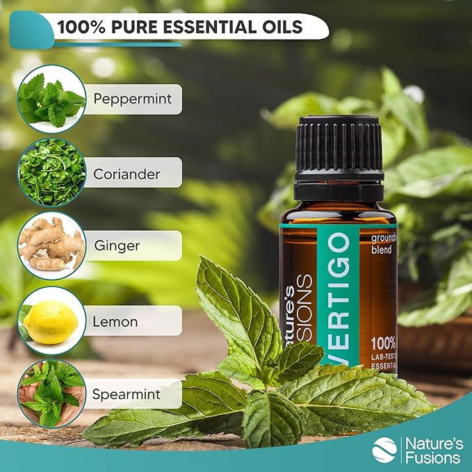 Nature's Fusions Vertigo Relief, Ginger Oil Nausea Relief Essential Oil Blends (15ml) - Fast-Acting Motion Sickness Relief, Morning Sickness Relief, Dizziness Relief, & Vertigo Medicine w/ Peppermint