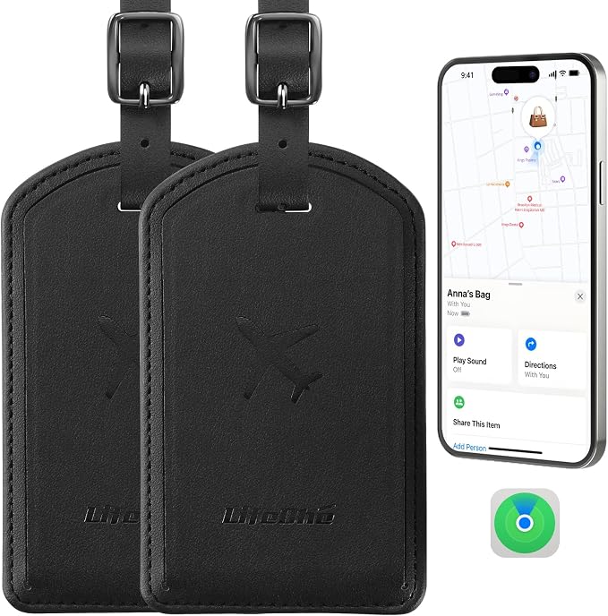 Luggage Tags Built-in Anti-Loss Tracker, Luxury Leather Luggage Tags for Suitcase, Travel Bags, Backpacks, Travel Organizer for Lost Baggage Prevention (Black*2 Pack)