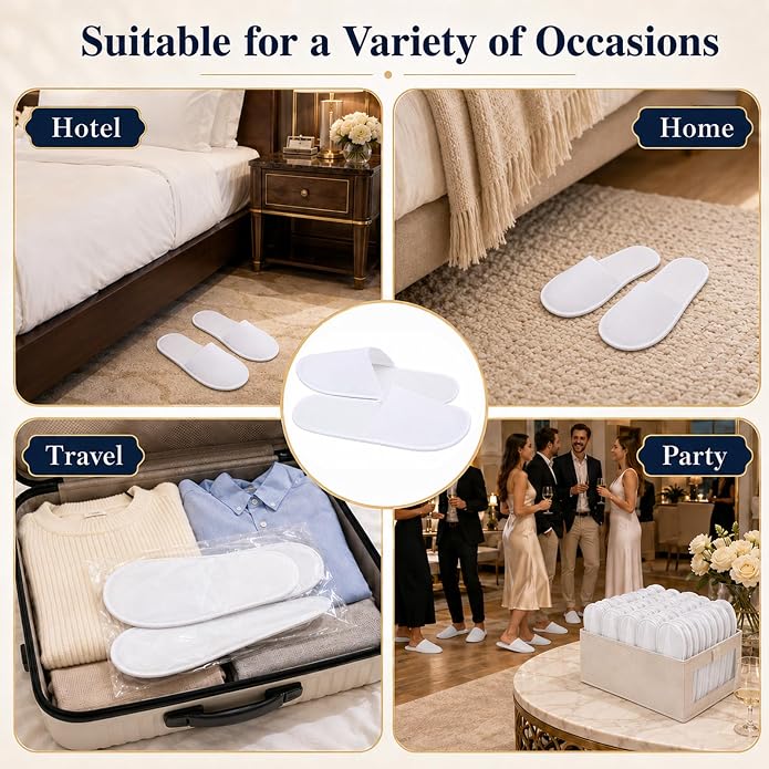 50 Pairs Disposable Slippers for Guests Bulk with Folding Storage Box, 11 Inch White Non-Slip Hotel Slippers, Individually Wrapped House Slippers for Men Women Travel, Spa, Home, Wedding