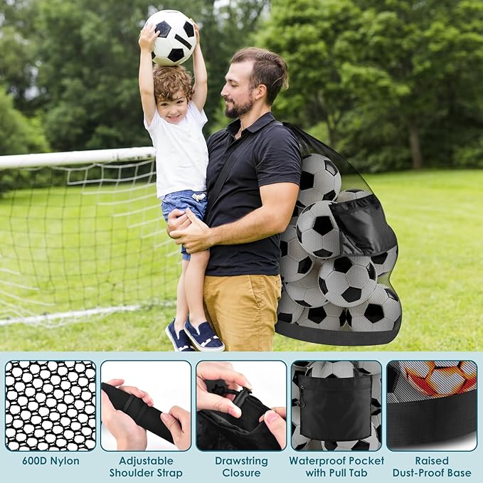BROTOU Heavy Duty Soccer Ball Net Bag(100L Extra Large Capacity 10-12Balls), Drawstring Mesh Ball Bag with Zipper Pocket, Sports Equipment Storage Organizer Hold for Gym, Beach, Cloth, Swimming Gears