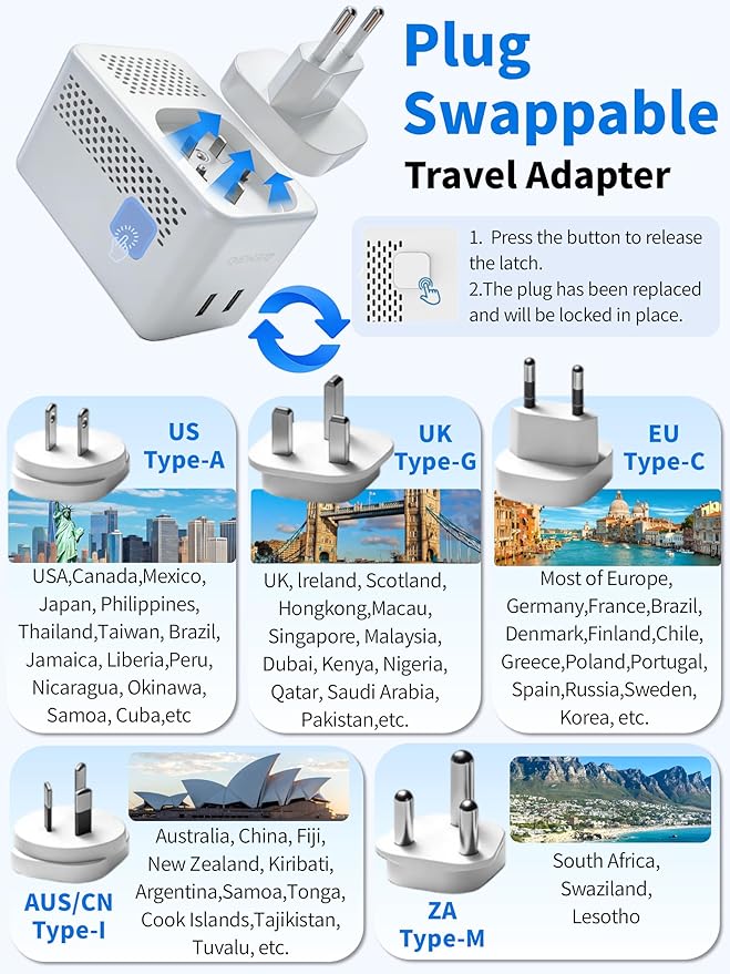 220v to 110v Converter Travel Voltage Converter European Plug Adapter Travel Power Adapter Canada to Europe with 2 USB A 2 USB C & UK US EU AU South Africa for Hair Dryer (White)