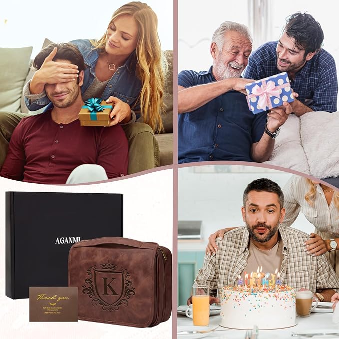 Personalized Hanging Travel Toiletry Bag for Men, Custom Initial 3-in-1 Large Shaving Bag Valentines Easter Birthday Retirement Gifts for Men Dad Husband Grandpa Coworker Friend Reddish Brown K