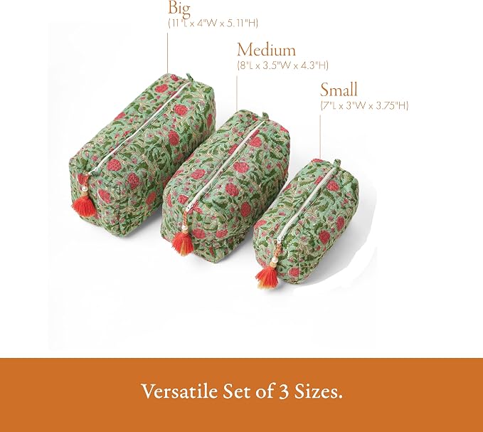 Saffron Marigold Quilted Makeup Bag Set of 3, Hand Block Printed Cotton Cosmetic Bags for Women, Waterproof Lined Travel Toiletry Bag, Coquette Floral Aesthetic, Handmade Gift, Rambling Rose