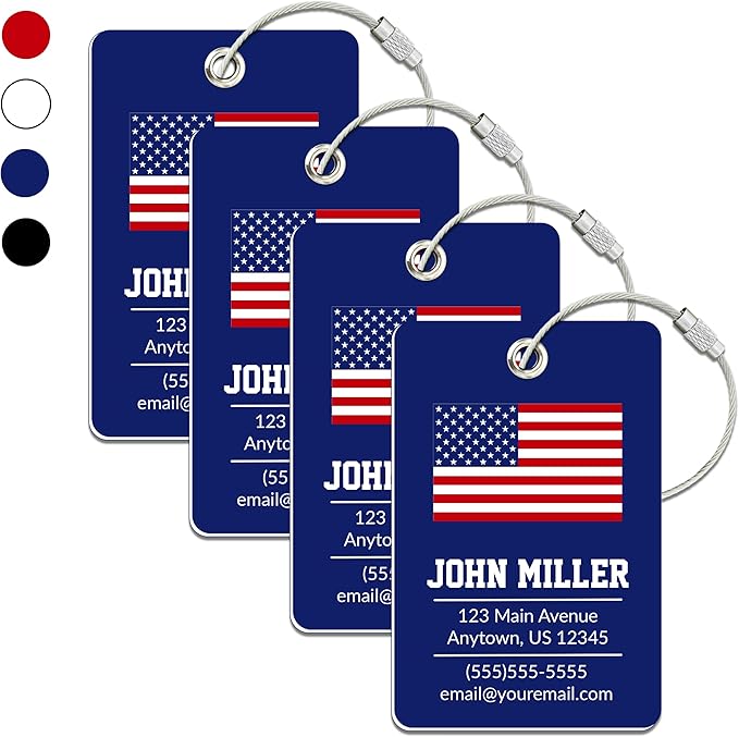 Personalized Luggage Tag with American Flag | 4 Pack | Custom Luggage Tags for Suitcases | Kids Backpack Tag | 4 Color Options & Choose Font, Font Color